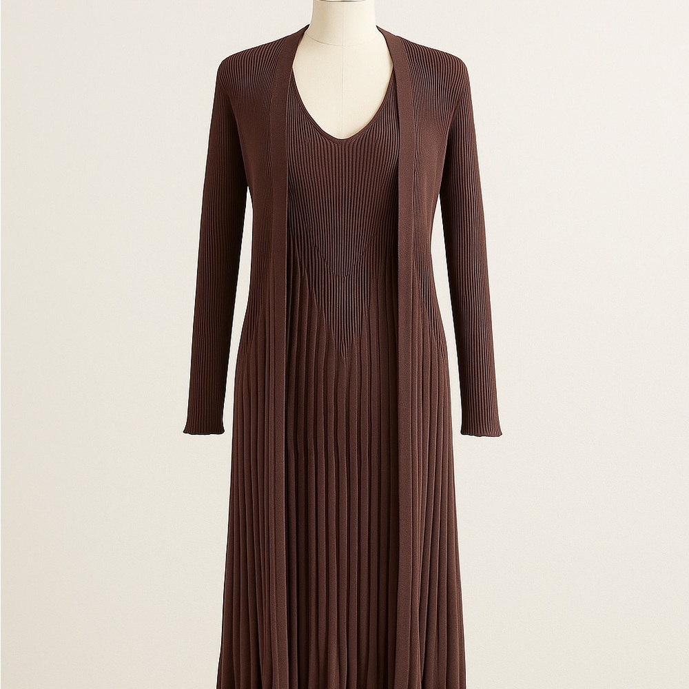 Escada Italy Brown Pleated Knit Dress and Cardigan Set Worn Once Size 42